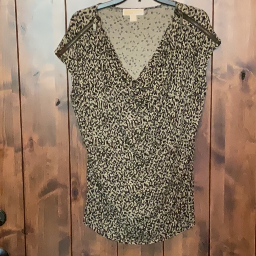 Michael Kors Green and Cream Ruched Cap Sleeve Blouse